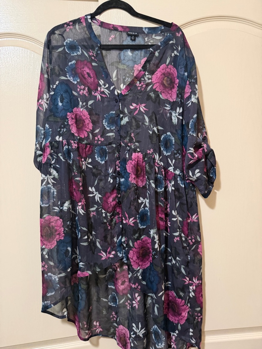Floral Button-Front Tunic Top - Black with Pink & Blue Flowers High low size 2